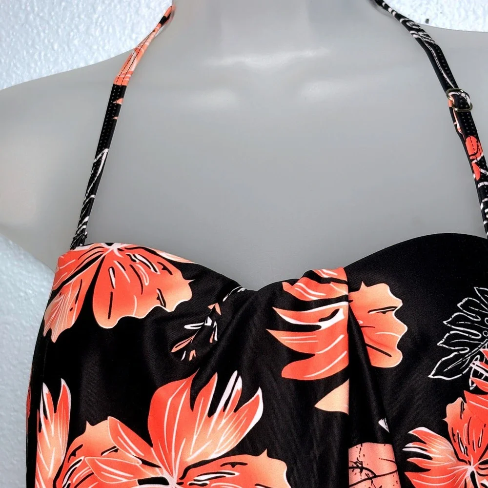 Floral Tankini L Swim‎ Top Halter Neck Black Coral Pink Hawaiian Tropical Swim